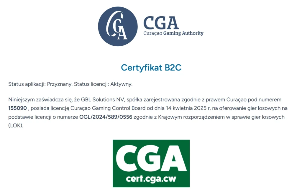 Widok certyfikatu domeny winshark.com w rejestrze licencyjnym Curaçao
