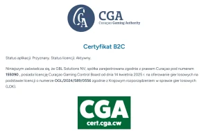 Widok certyfikatu domeny winshark.com w rejestrze licencyjnym Curaçao