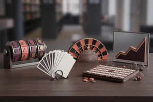 Plansza z symbolicznymi układami bębnów, kart i stołu do ruletki