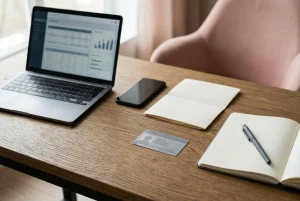 Telefon i laptop obok notesu oraz symbolicznej karty identyfikacyjnej