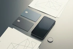 Rozłożone na biurku neutralne karty płatnicze, telefon i kartki z diagramami